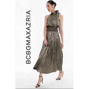 BCBGMAXAZRIA Womens Evening Gown Sz XS Metallic Pleated Halter Maxi Dress Formal